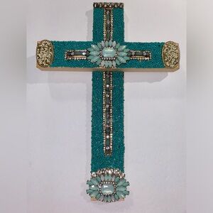 Wood ✝️ w/Repurposed Jewelry Turquoise, Silver, Gold, Colors & Rhinestones